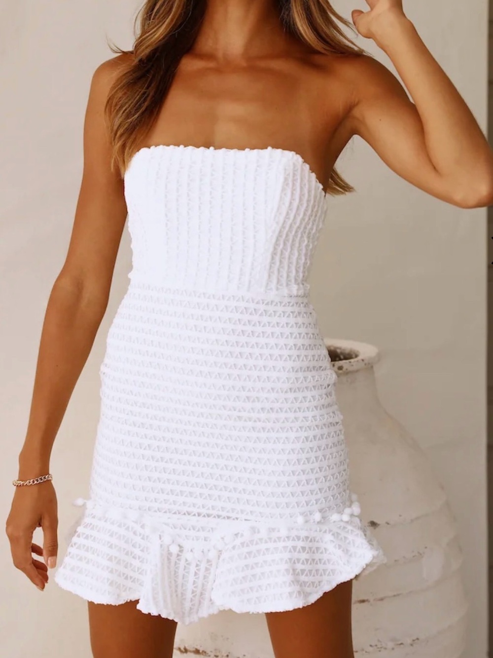 Hello Molly White Strapless Crochet Mini Dress